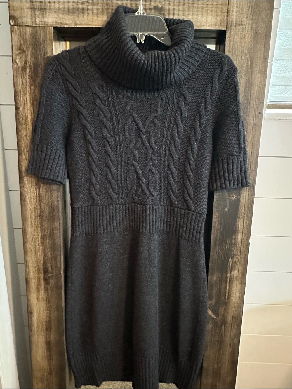 LOFT Cable Knit Sweater Dress Women M Gray Wool Rabbit Hair Turtleneck holiday
